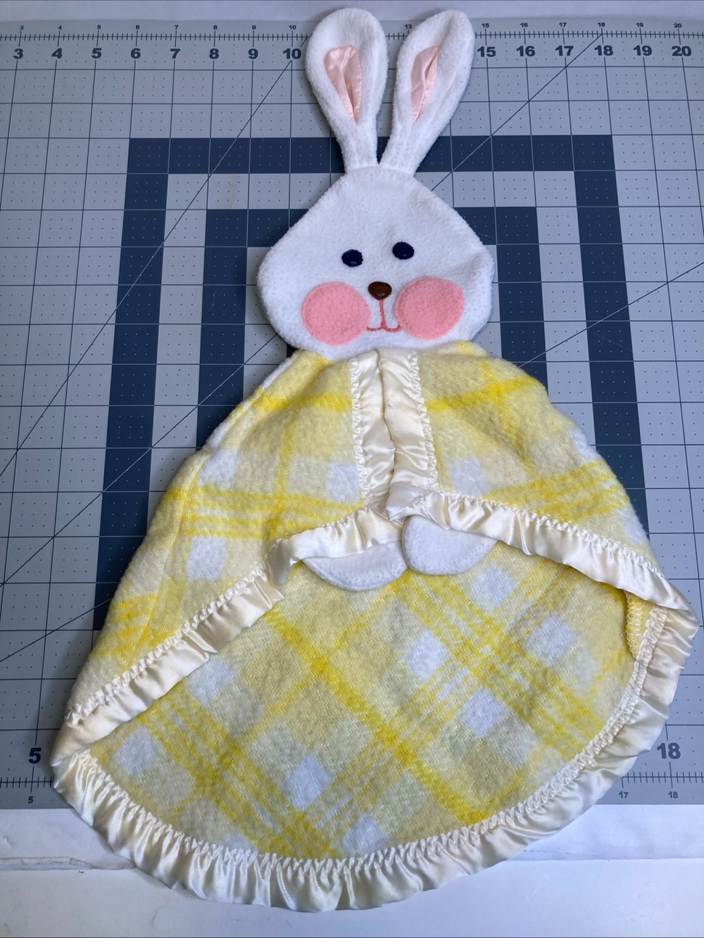 Vintage Fisher Price Plaid Yellow Bunny Lovey Baby Blanket Satin Trim 1979